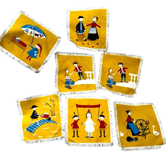 Magnificent Pennsylvania Dutch (?) print fringe trim scene coasters cock… - Picture 1 of 7